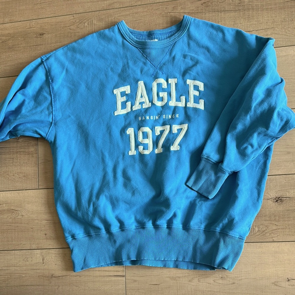 American Eagle Outfitters Blue Crewneck Sweater with Collegiate Style